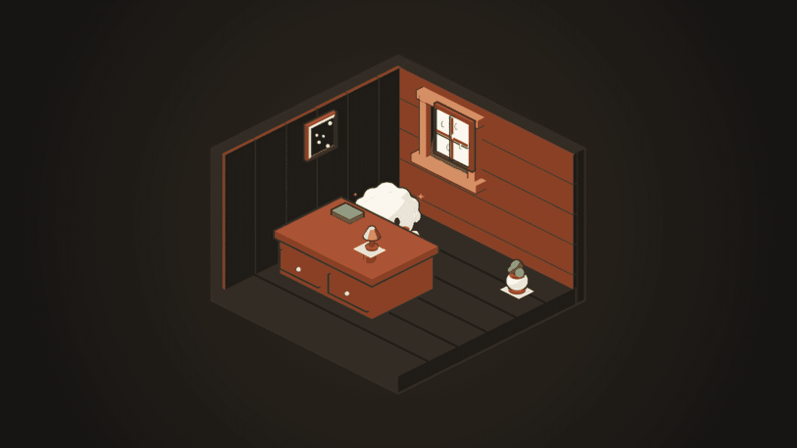 Project P: an isometric cozy room with a character resting at a desk