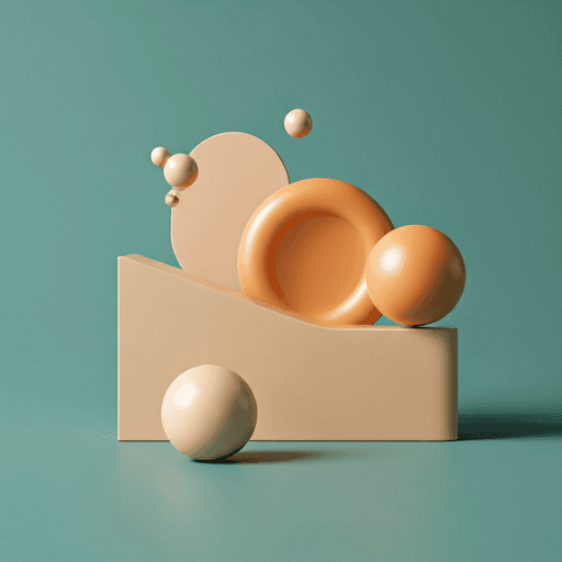 Warm-toned 3D shapes: a torus, spheres, and a ramp block, evoking the app's Pomodoro timer and in-app economy